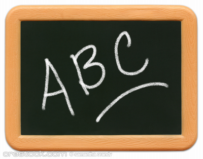 Childs mini plastic chalkboard with ABC written.