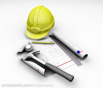 3D render of hard hat and blueprint on white b...