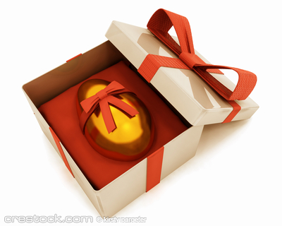 3D render of an Easter egg in a gift wrapped box