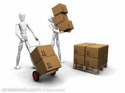 3D render of workers stacking boxes