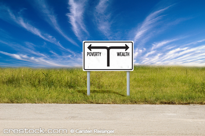 Road sign showing the directions to poverty an...